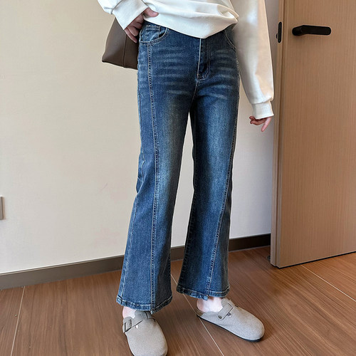 2025新款深蓝色美式复古弹力修身牛仔裤女微胖mm大码显瘦九分裤子 - 图0