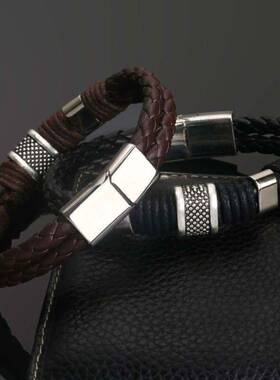 复古牛皮男士皮绳手链时尚个性磁铁扣韩版编织皮质手链gr