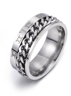 欧美个性罗马数字钛钢可转动链条减压戒指