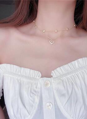双层爱心锁骨链女日韩时尚