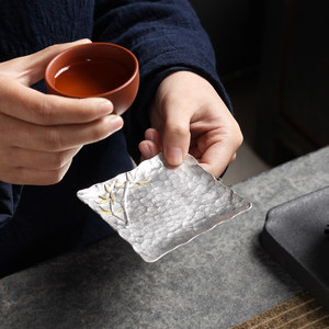 手打纯锡杯垫 方形锤纹金属茶托 杯托梅兰竹菊茶道配件茶具隔热垫