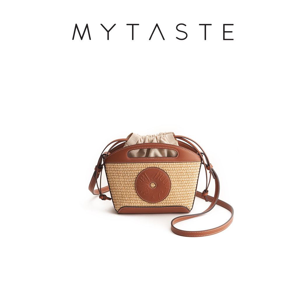 MYTASTE/Cookie曲奇抽绳草编菜篮子包真皮斜挎手提小桶包小众女包-图2