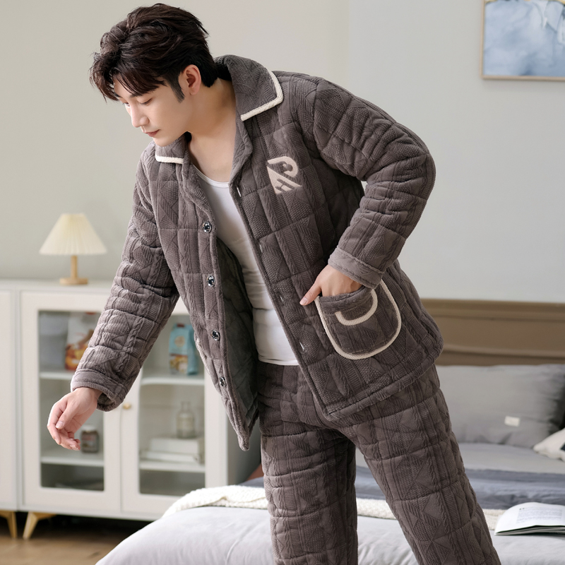 男士冬季珊瑚绒三层加绒棉袄秋睡衣 燕祥睡衣/家居服套装