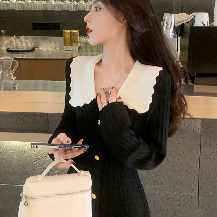 法式复古小香风修身打底中长款小黑裙针织连衣裙女长款过膝毛衣裙 - 图0