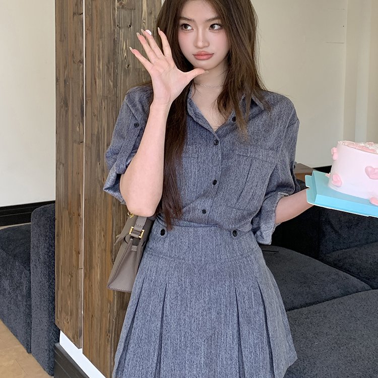 实拍2025春夏新款通勤仿牛仔衬衫上衣女小众百褶短裙半裙两件套装 - 图0