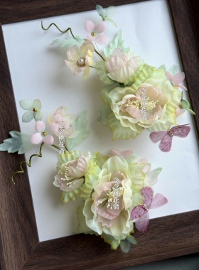 【椿野梦屿】森系粉绿色烫花发夹清新仙气花朵边夹古风汉服发饰