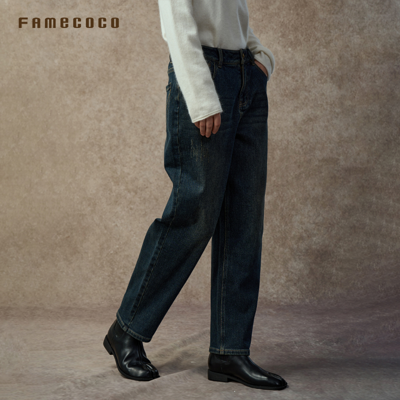 Famecoco梨型显瘦水洗深蓝高腰牛仔裤薄绒款宽松直筒裤FAC8GA033 - 图1