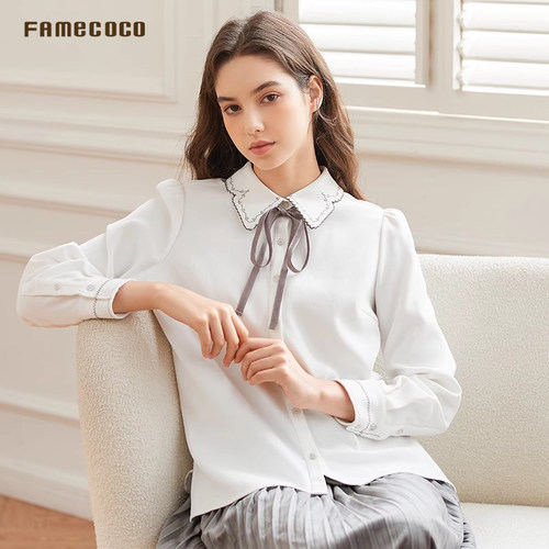 Famecoco范可儿优雅通勤刺绣花边领衬衫系带长袖衬衣FAB8BH021 - 图3