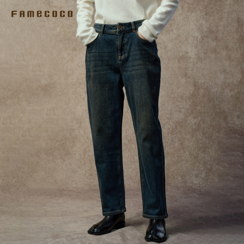 Famecoco梨型显瘦水洗深蓝高腰牛仔裤薄绒款宽松直筒裤FAC8GA033 - 图0