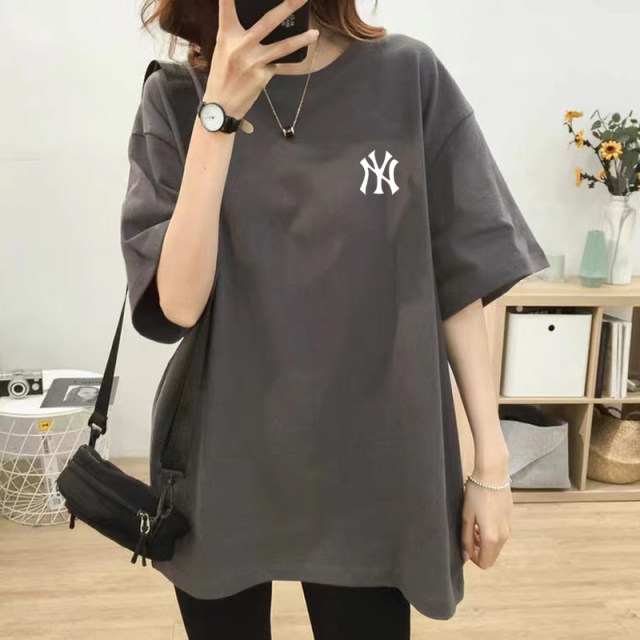 Loose pure cotton mid-length gray short-sleeved T-shirt for women
