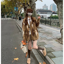 Korean Version Fashion Rhombus Design Sensation Knit Cardigan women Winter New Lazy Ethos 100 Hitch Coat Overcoat Tide