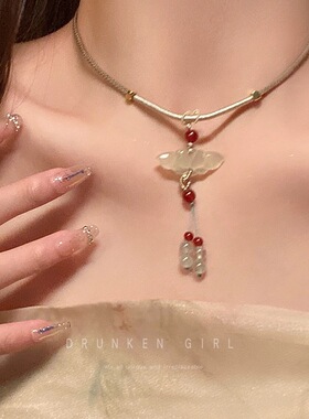 莲花玉石吊坠编绳项链女