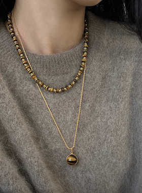 叠戴美拉德高级感虎眼石吊坠长款毛衣链轻奢小众项链复古秋冬新品