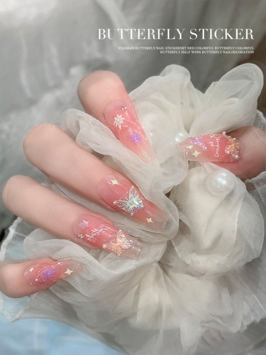 蝴蝶美甲贴纸女孩儿童贴甲片蝴蝶翼流光手账贴纸女生指甲贴无毒无味高级平面贴纸2023新款5D炫彩烫金镭射贴纸,淘宝优惠券,粉丝福利购,淘宝优惠卷