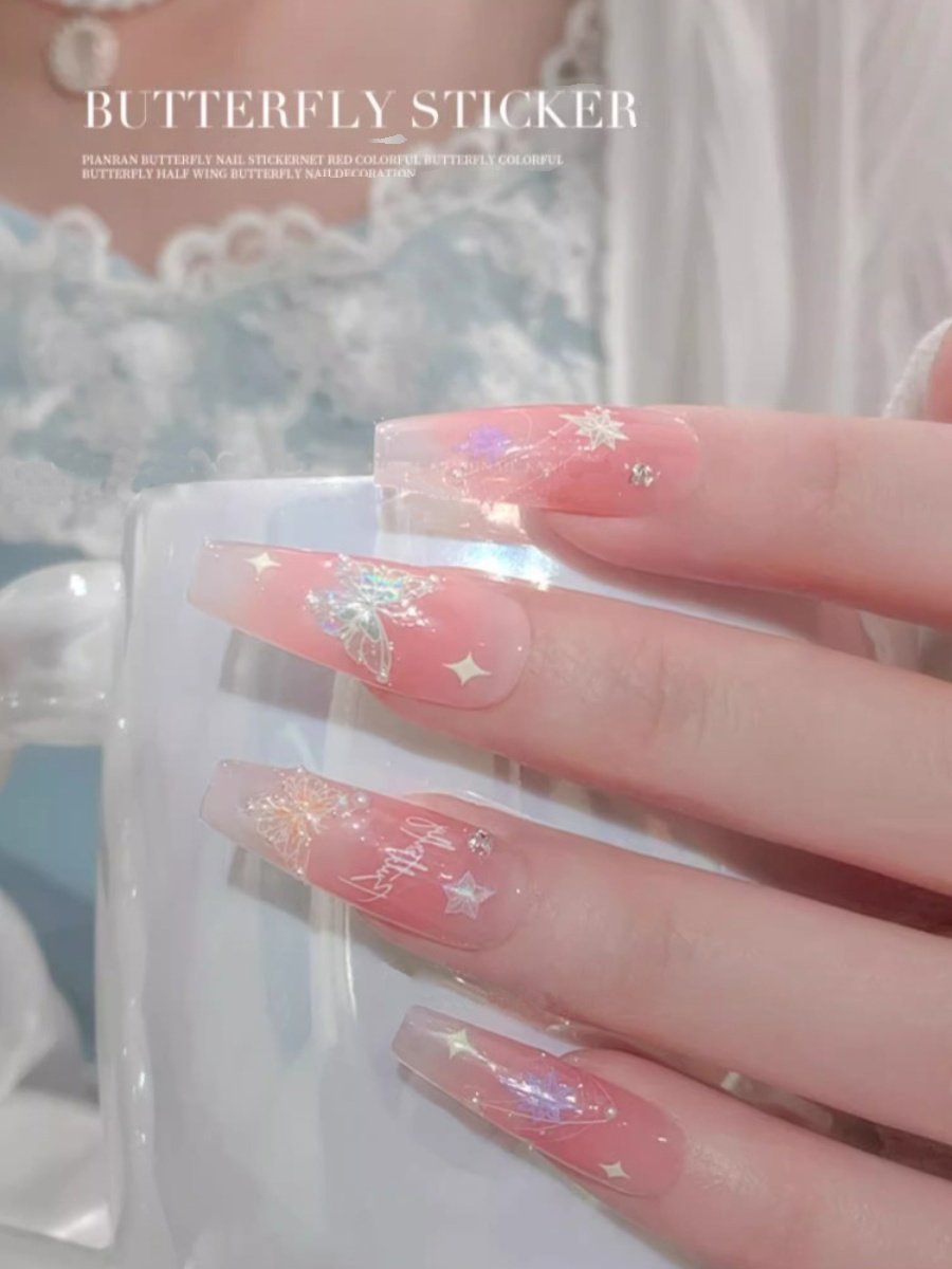 蝴蝶美甲贴纸女孩儿童贴甲片蝴蝶翼流光手账贴纸女生指甲贴无毒无味高级平面贴纸2023新款5D炫彩烫金镭射贴纸,淘宝优惠券,粉丝福利购,淘宝优惠卷