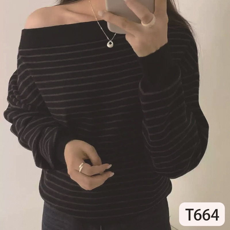 韩版简约一字肩条纹长袖针织衫女2025秋冬新款轻熟风显瘦修身上衣,淘宝优惠券,粉丝福利购,淘宝优惠卷