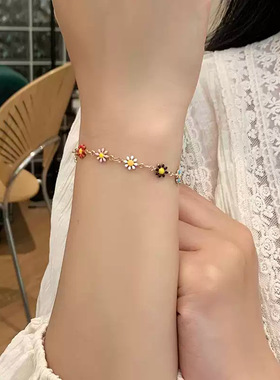 小清新邹菊花朵钛钢手链ins风撞色设计颈链新款配饰品