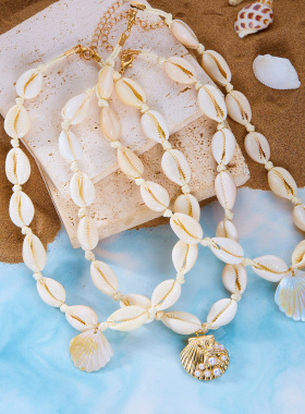 跨境海边度假系列串珠项链夏季沙滩旅游纪念贝壳项饰扇贝吊坠