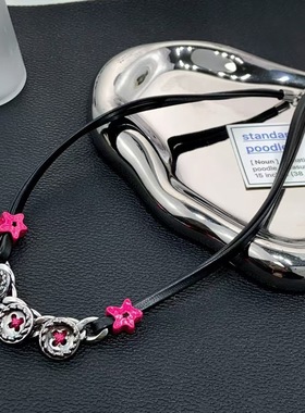 黑皮绳纽扣拼接项链女y2k辣妹高级感甜酷锁骨链个性时尚小众饰品