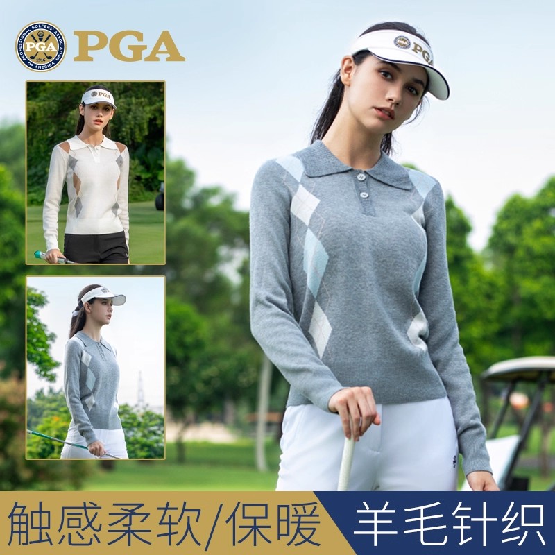 美国PGA 2025秋冬高尔夫女装服装女毛织毛衣长袖T恤喇叭长裤套装 - 图0