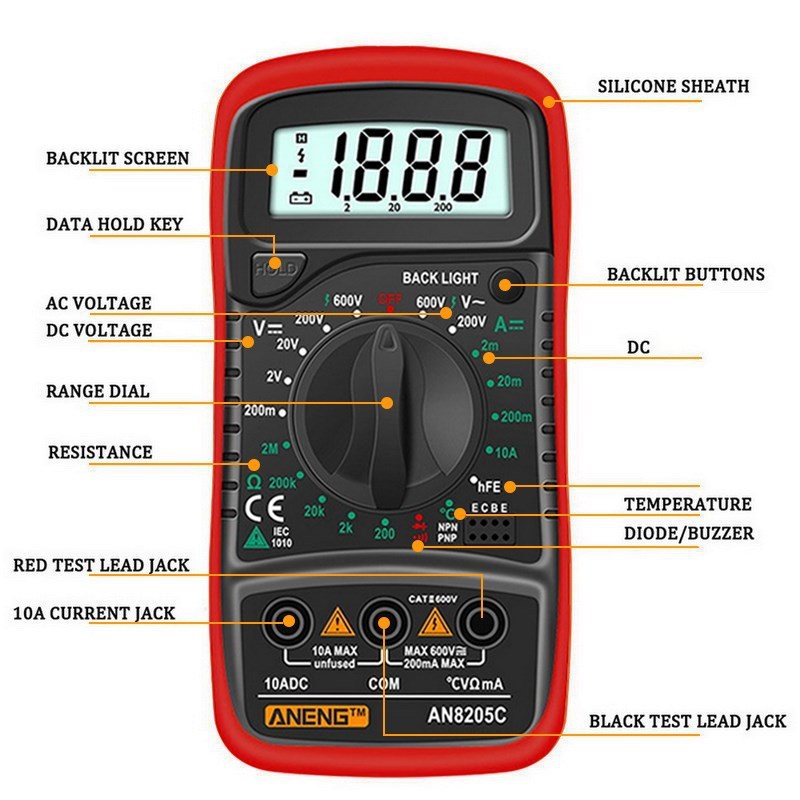 AN8205C Digital Multimeter/DC Ammeter Volt Ohm Tester Meter-图3