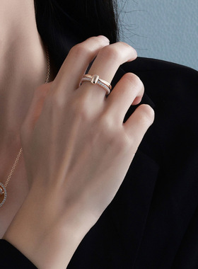 2024原创新品镀香槟金双环纯银戒指女欧美饰品