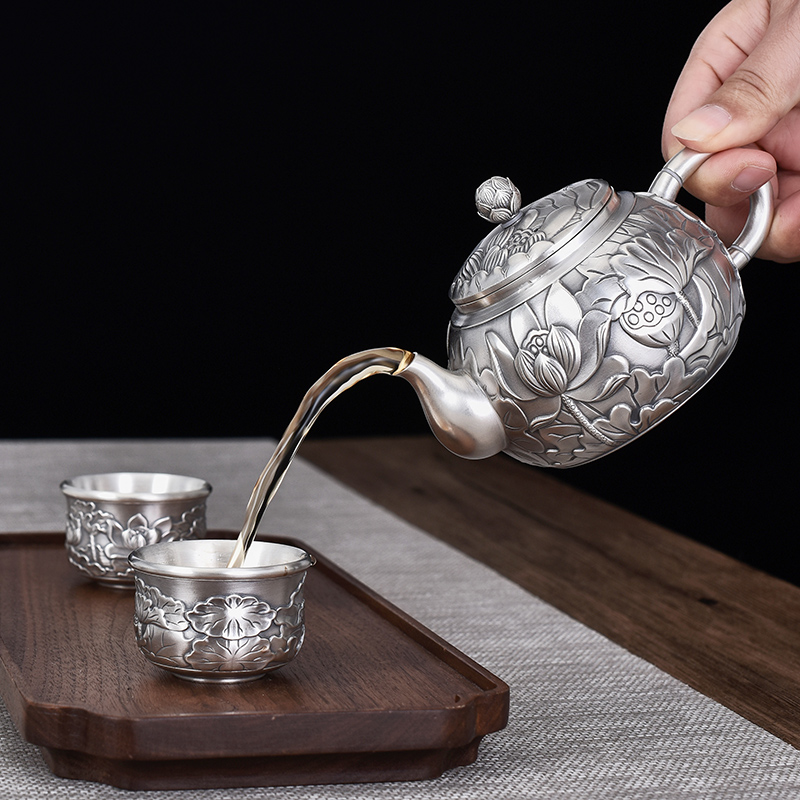 银器时代 荷塘雅趣品茗杯纯银999双层防烫银茶杯子家用单个主人杯 - 图2
