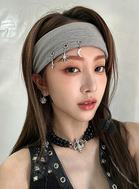 2026欧美ins款黑色发带银色复古星月星星吊坠头带显脸小压发头饰