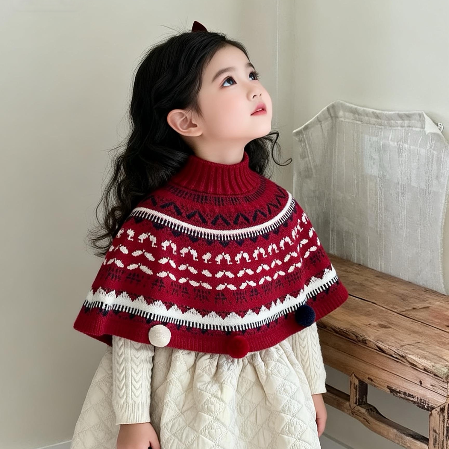 儿童针织毛线披风费尔岛风女童冬季加厚保暖斗篷宝宝防风围巾洋气,淘宝优惠券,粉丝福利购,淘宝优惠卷