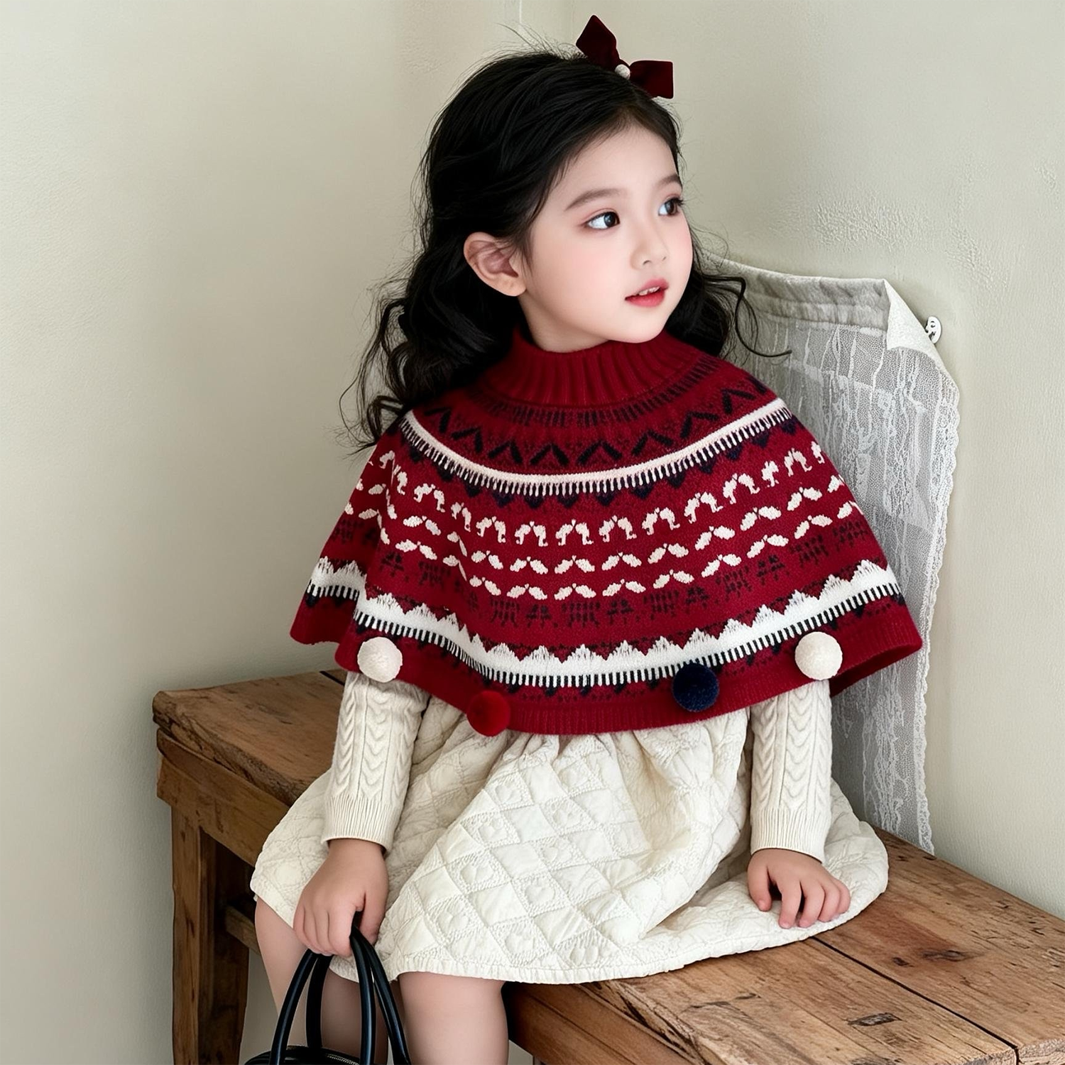 儿童针织毛线披风费尔岛风女童冬季加厚保暖斗篷宝宝防风围巾洋气,淘宝优惠券,粉丝福利购,淘宝优惠卷