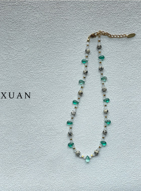 gaoxuan原创绿色系清新猫眼石项链轻奢时尚气质百搭斑点石锁骨