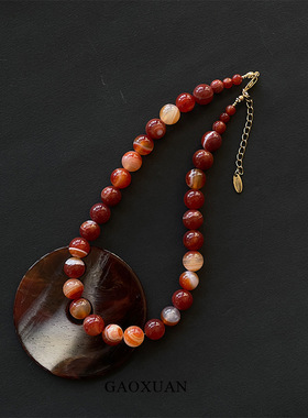 暖橘红色天然纹理串珠项链复古感新中式轻奢个性锁骨链