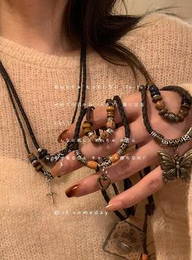手作 新中式复古民族风项链古着vintage皮绳锁骨链美拉德风脖颈链