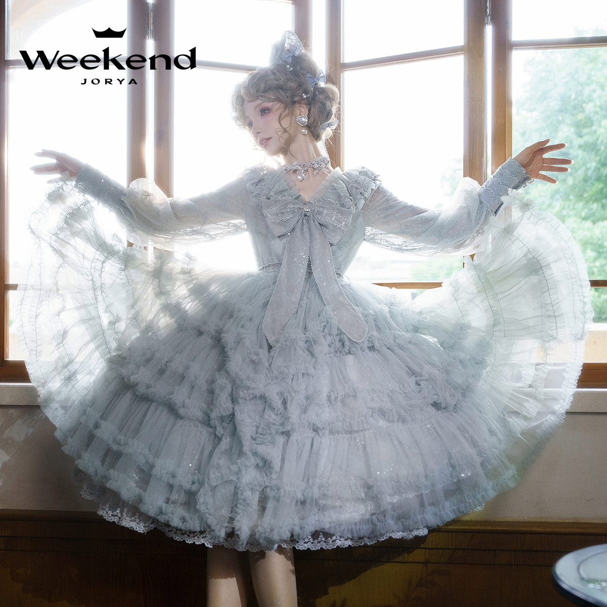 镜中星云|卓雅周末24秋V领蕾丝绣花蝴蝶结蓬蓬蛋糕连衣裙Q240555L,淘宝优惠券,粉丝福利购,淘宝优惠卷