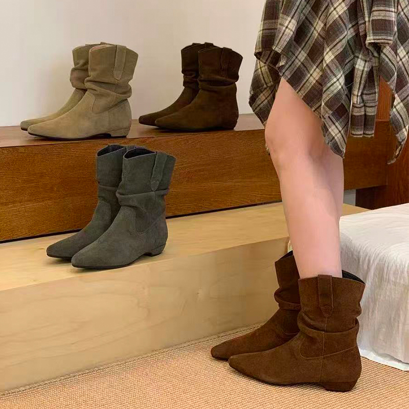 复古坡跟尖头短靴女2025年新款西部牛仔堆堆靴显瘦V口百搭瘦瘦靴 - 图2