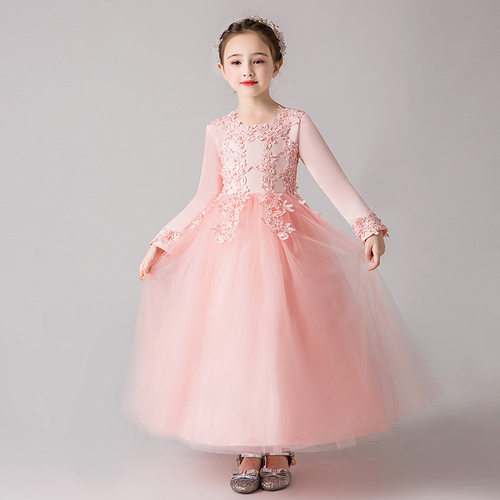 儿童礼服女童连衣裙长款演出服春秋白色公主裙中大童生日小主持人 - 图0