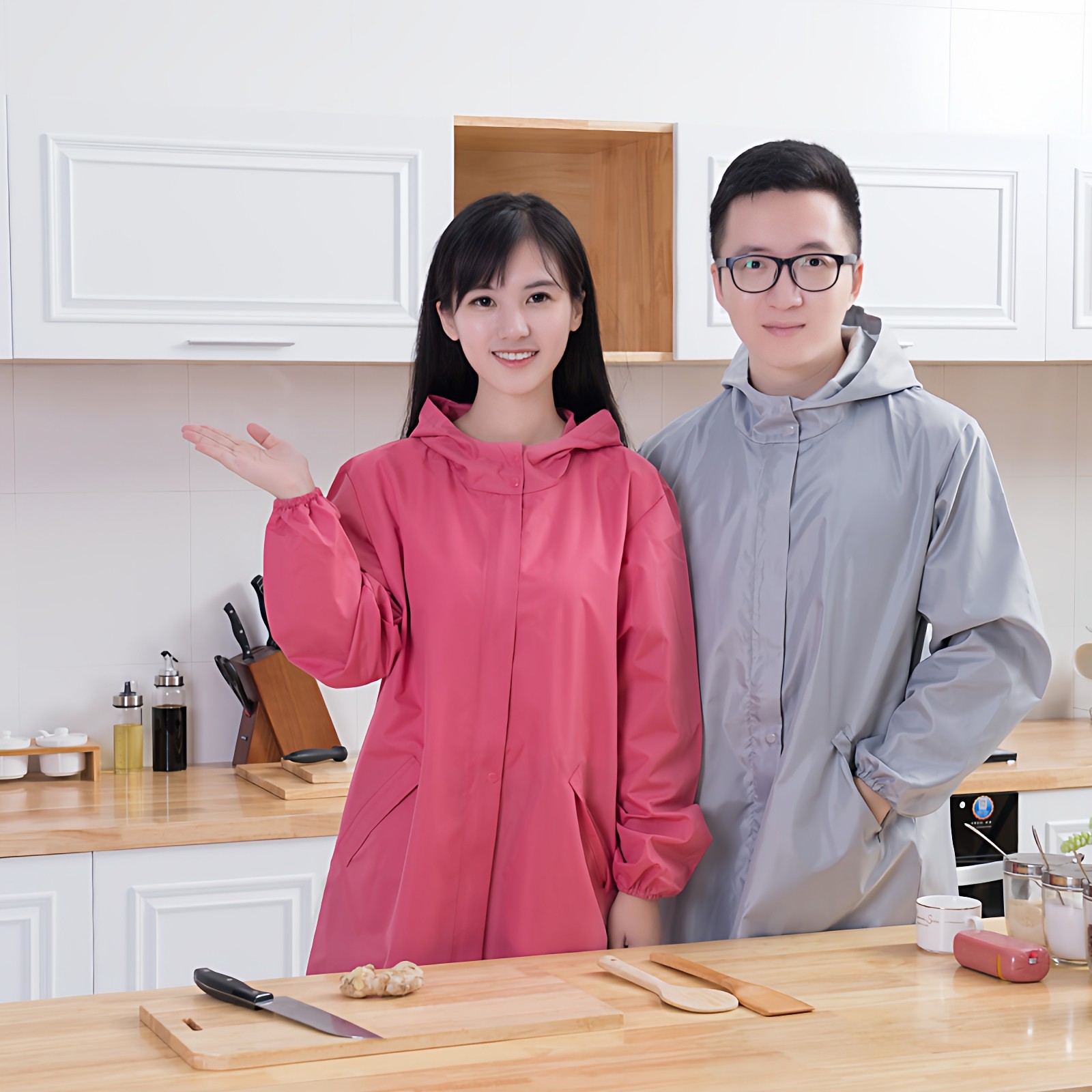 时尚长袖围裙风衣式大人罩衣女休闲服防泼水厨房外套连帽工作服男,淘宝优惠券,粉丝福利购,淘宝优惠卷