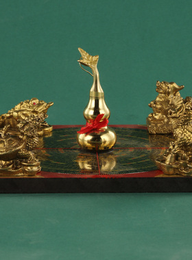 黄铜五宝阵摆件铜金钱貔貅葫芦龙龟麒麟罗盘五行八卦阵家居