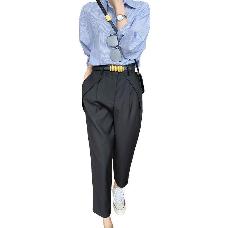 黑色高腰春季压褶小个子休闲西装裤 myblun休闲裤