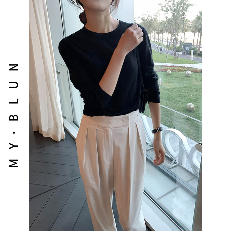 100%纯羊毛针织衫纯色长袖女t恤 myblun毛针织衫