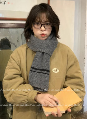 绿色条纹针织U形交叉围巾护脖