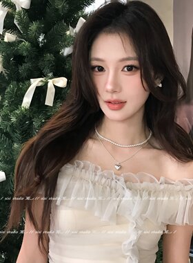 甜美叠戴珍珠爱心项链轻奢锁骨链