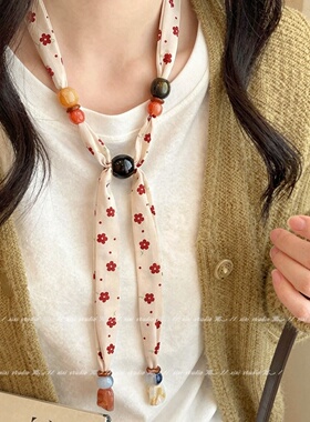 老钱风白色蝴蝶结丝巾项链系脖