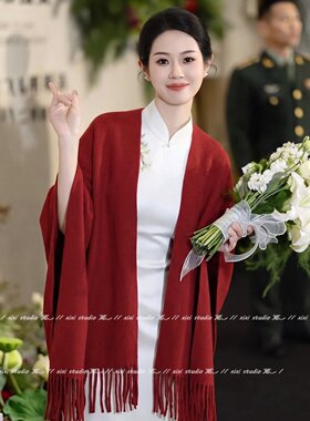 新娘结婚秋冬加厚红色旗袍披肩