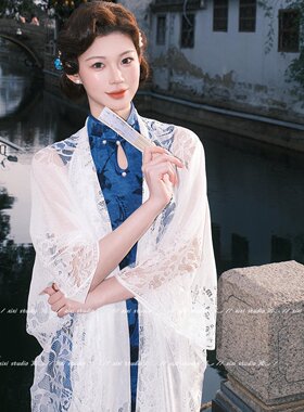 白色蕾丝旗袍披肩外搭薄款斗篷