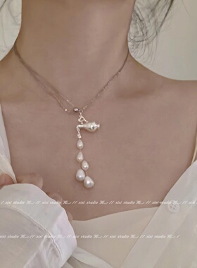 韩式银色水壶流苏珍珠项链女小众
