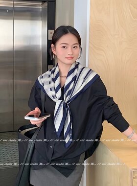 法式度假风蓝色条纹三角巾披肩女