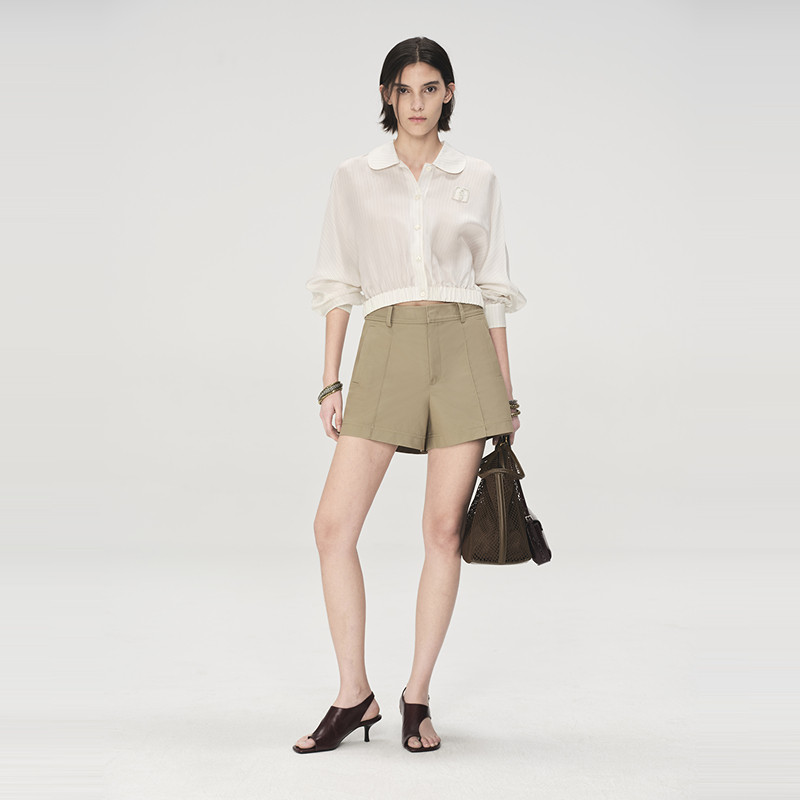 商场同款 摩萨克夏款纯棉老钱风高腰立体筋卡其布短裤女,淘宝优惠券,粉丝福利购,淘宝优惠卷