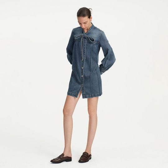 MOISSAC丹宁系列春蝴蝶结系带A字百褶牛仔长款连衣裙女