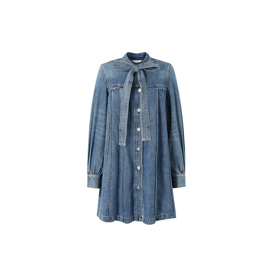 MOISSAC丹宁系列春蝴蝶结系带A字百褶牛仔长款连衣裙女